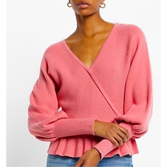 Express Ribbed V-Neck Wrap Peplum Sweater - Picture 4 of 8